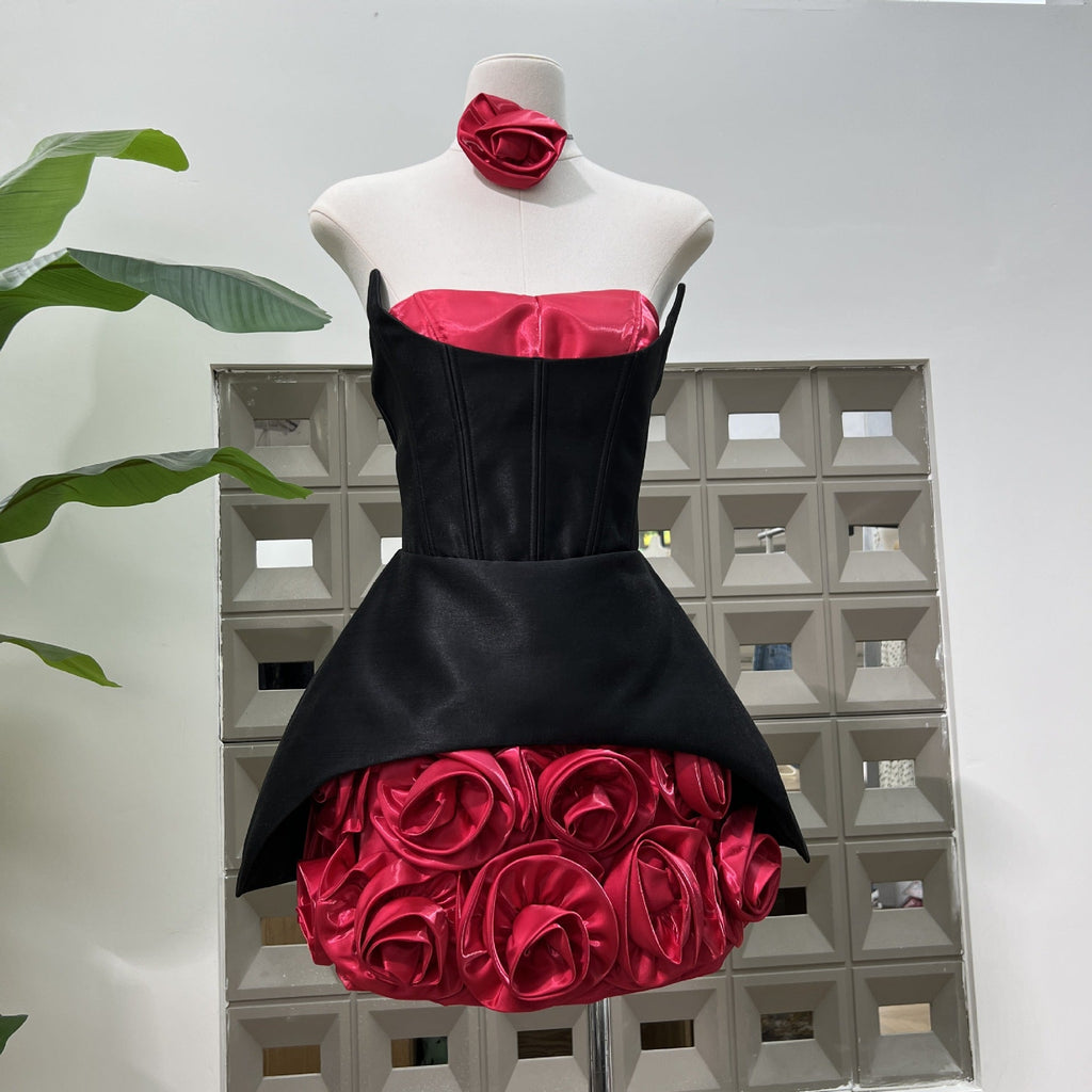 Rose Flower Ruffled Floral mini dress in Red