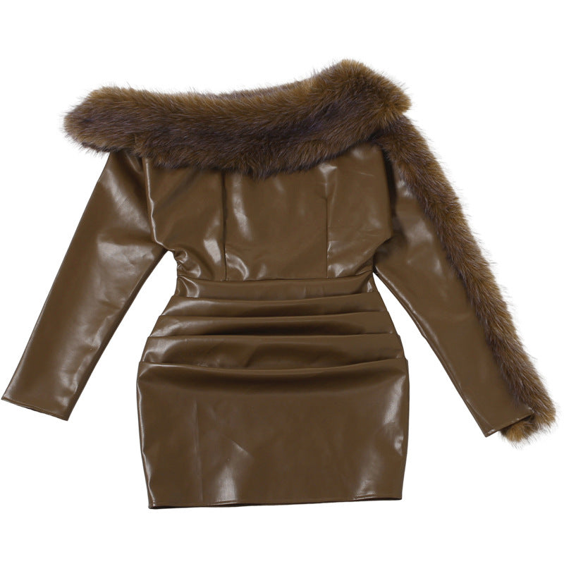 sibyl Leather fur collar asymmetrical mini dress in brown