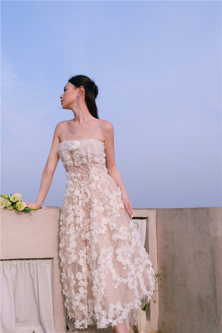 Leah White/Beige Sleeveless  Flower Dress