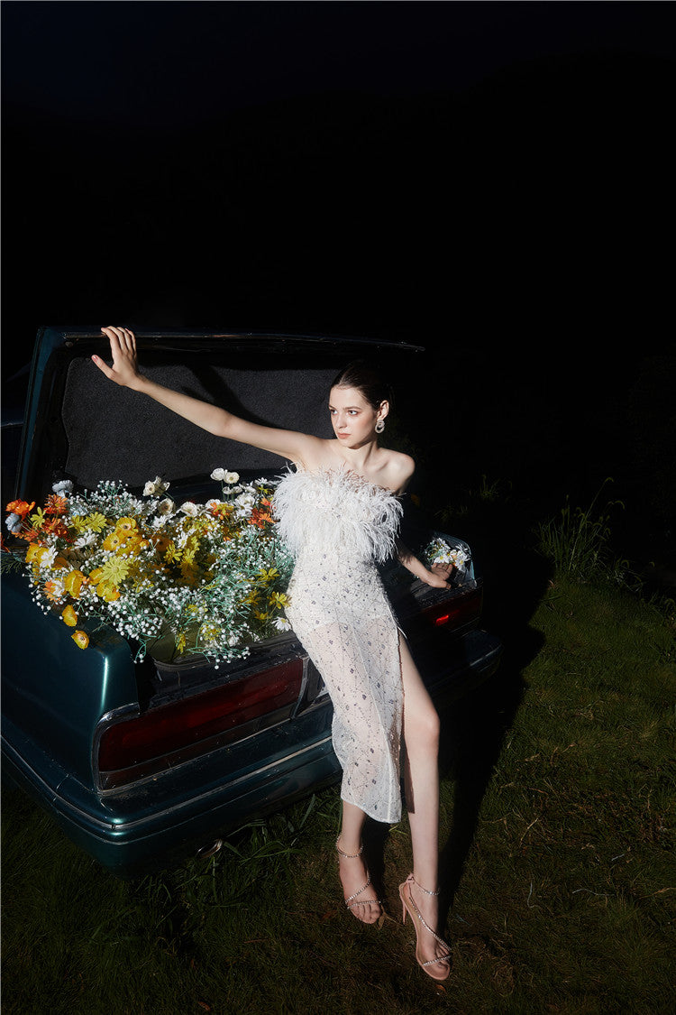 Masa White Haute Couture Feather Sequin Dress