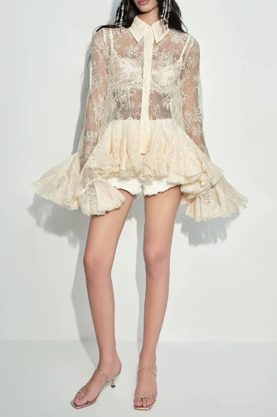 apricot Mesh Lace Ruffled Trumpet Sleeve Shirt Dress Shorts Set