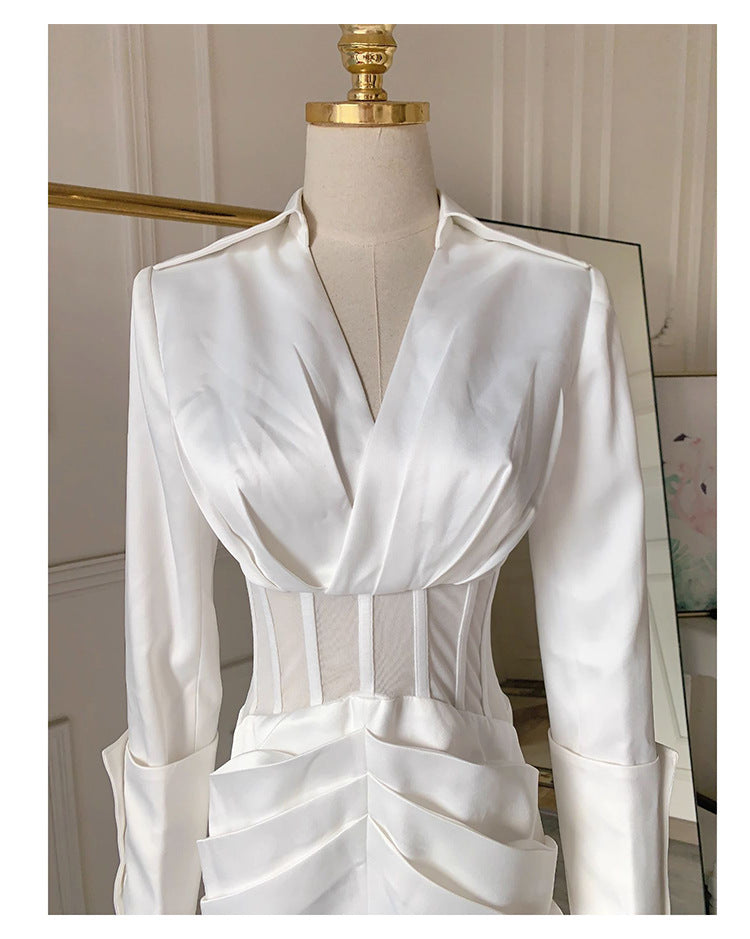 alyssa Deep V See-Through Fishbone Pleated Hip blazer mini dress in white