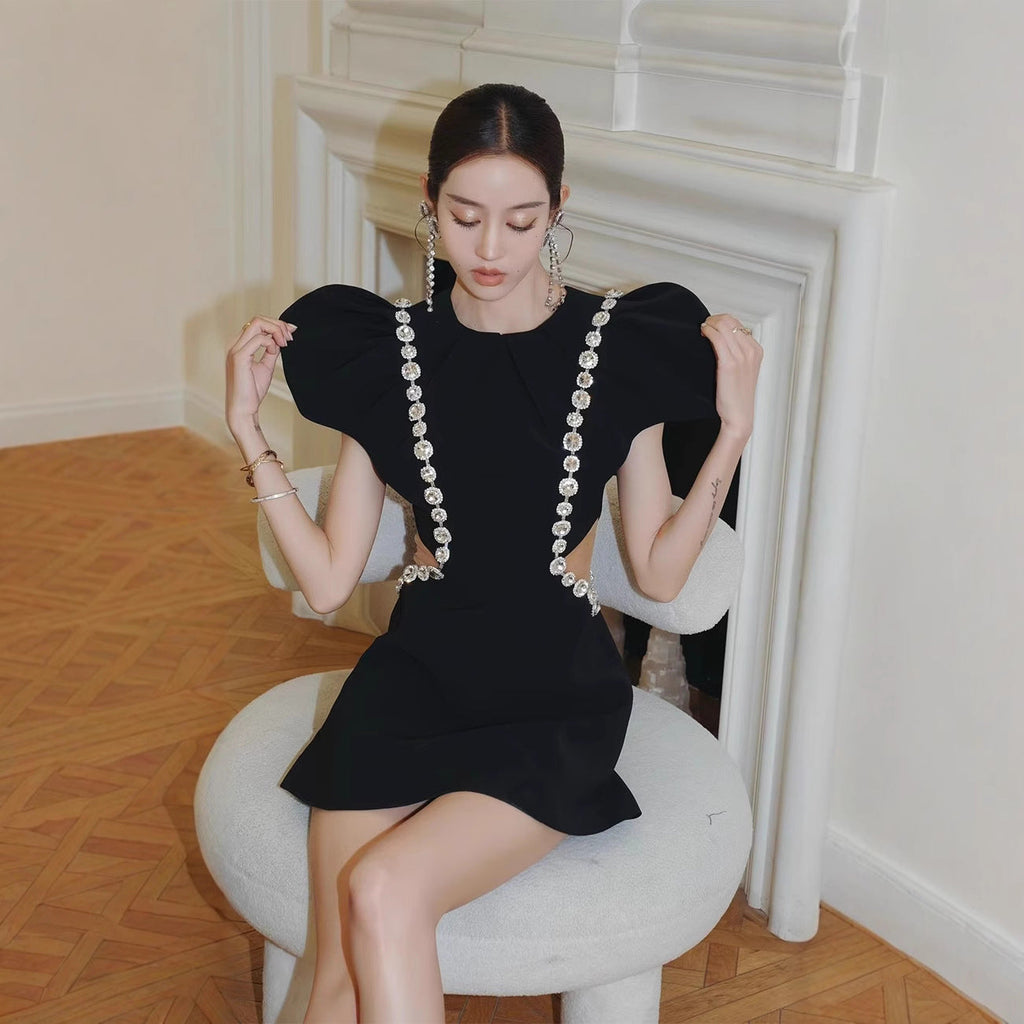 Three-dimensional ruffle rhinestone hollow mini dress in black