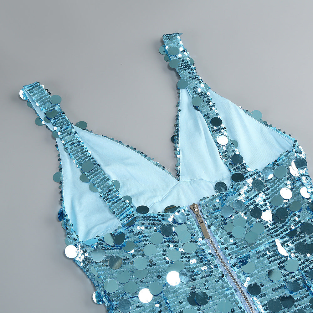 carlin Sequin Deep V Strapless Maxi Dress in blue