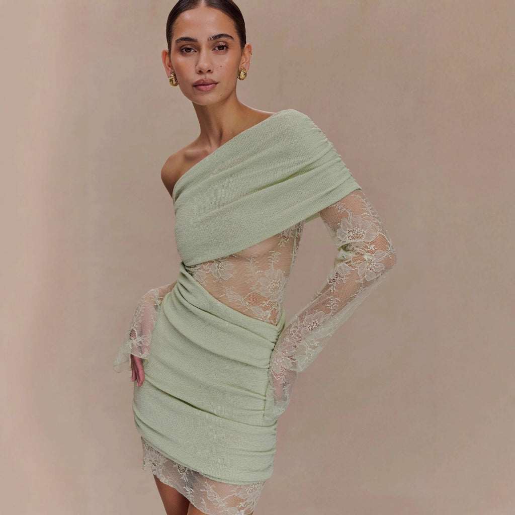 Matcha lace strapless spliced knitted mini dress