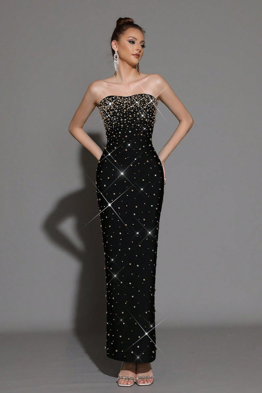 Pearl Rhinestone Beaded strapless black maxi dress