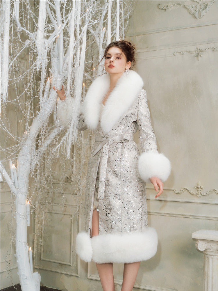 Sliver Tie Long Sleeve Long Fur Autumn Coat