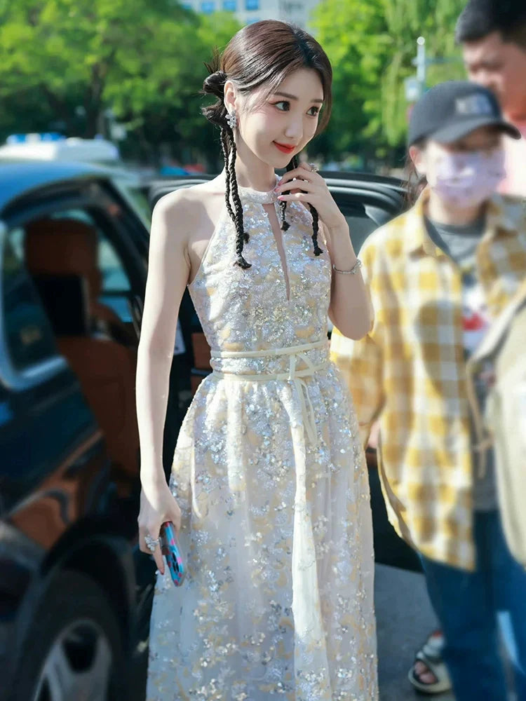 Gold Couture with Floral Embroidery Sequin Banquet Dress