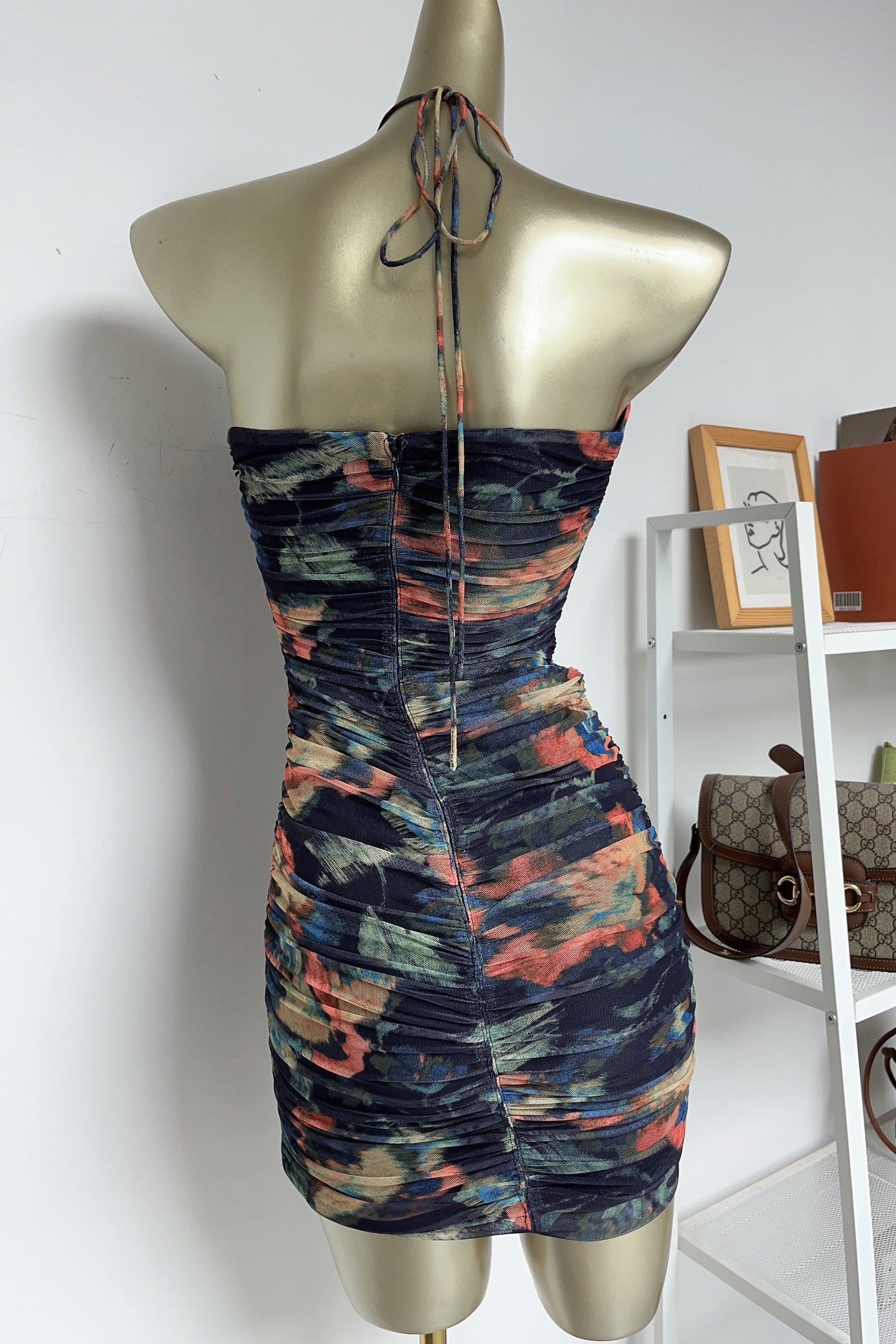multicolor floral print pleated Bodycon Mini Dress