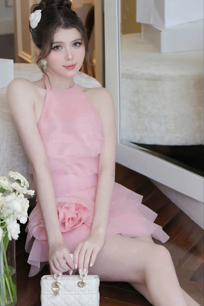 3d flower halter ruffle layer mini dress in pink