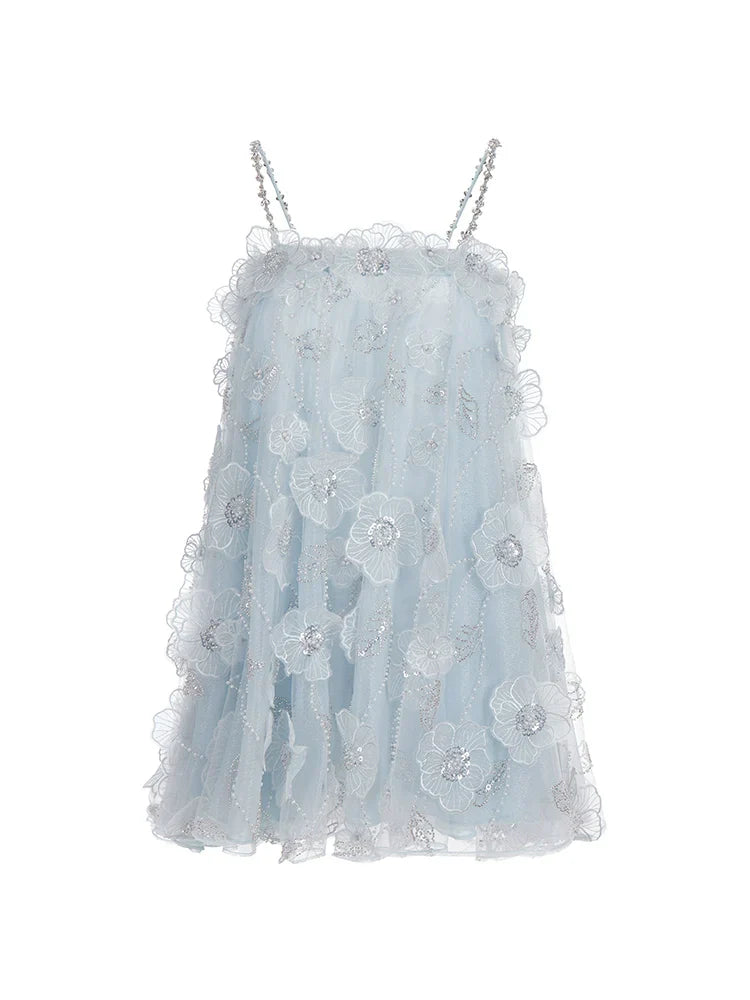 Tutu Light Blue Sleeveless Flower Diamond Short Doll Dress