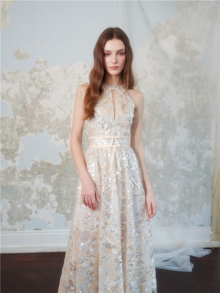 Gold Couture with Floral Embroidery Sequin Banquet Dress