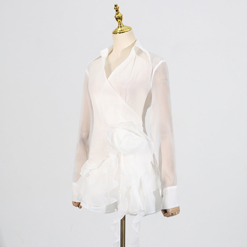 flower ruffle ribbon mini dress in white