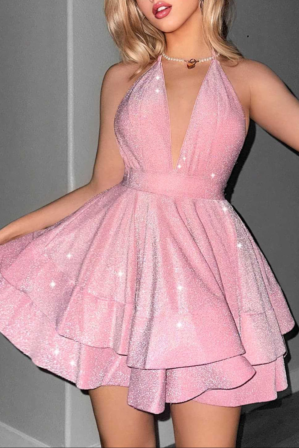 virginia A Line Halter  Tiered mini Dress in pink