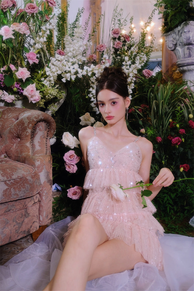 Pink Sleeveless Sequin layer ruffle short Dinner Dress