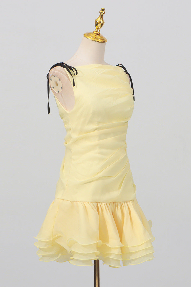 ruched ruffle hem sleeveless mini dress in yellow