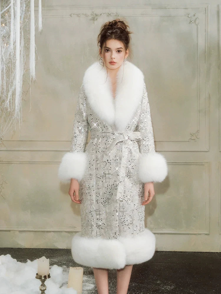 Sliver Tie Long Sleeve Long Fur Autumn Coat