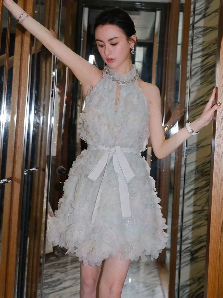 Pastel Green Ribbon Floral wedding guest bridal Dress