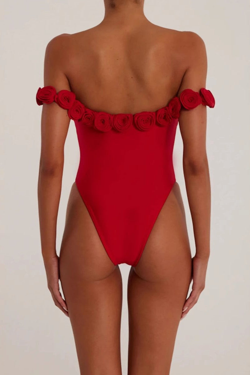 3d flower strapless bodysuit in red