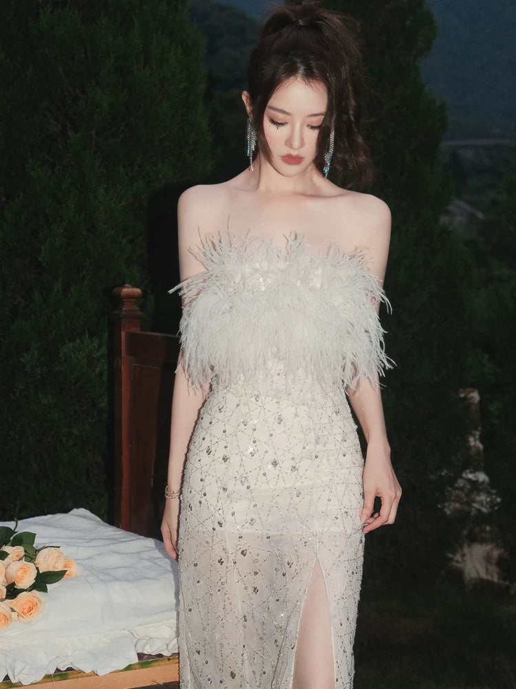 Masa White Haute Couture Feather Sequin Dress