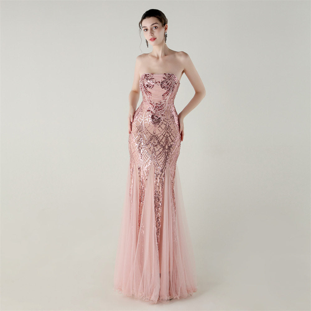 sequin strapless tulle maxi dress