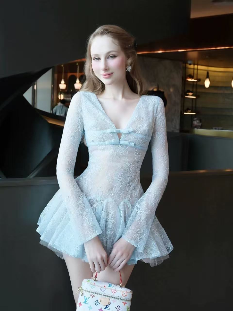 eileen Long-sleeve v-neck lace A-line mini dress in blue