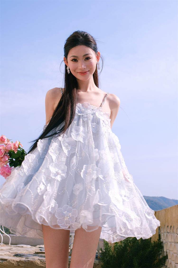 Tutu Light Blue Sleeveless Flower Diamond Short Doll Dress