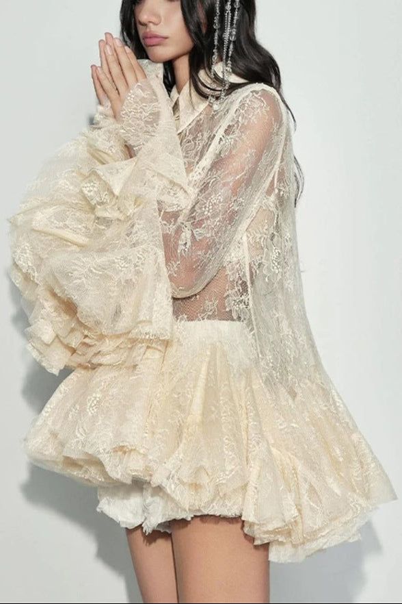 apricot Mesh Lace Ruffled Trumpet Sleeve Shirt Dress Shorts Set