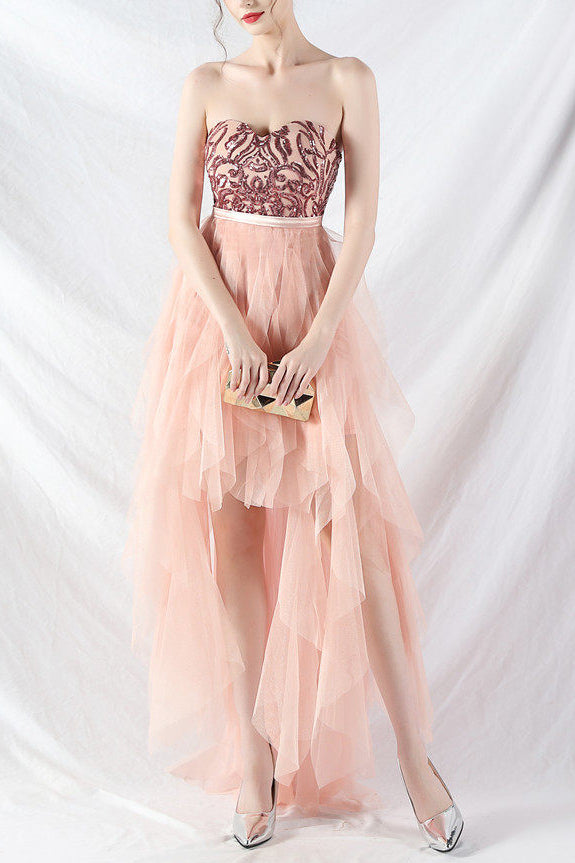 strapless sequin tulle midi dress