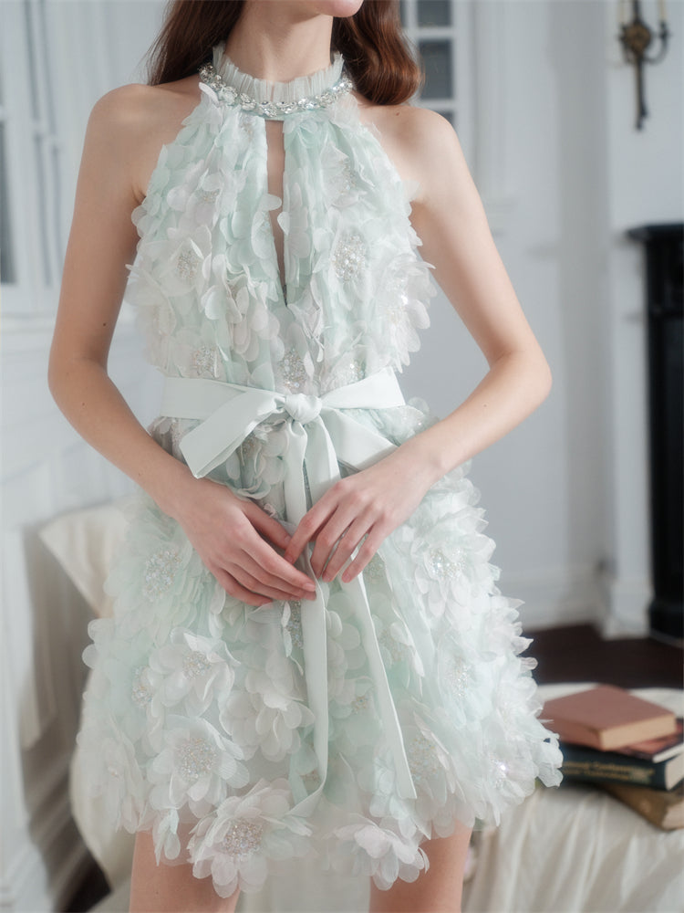 Pastel Green Ribbon Floral wedding guest bridal Dress