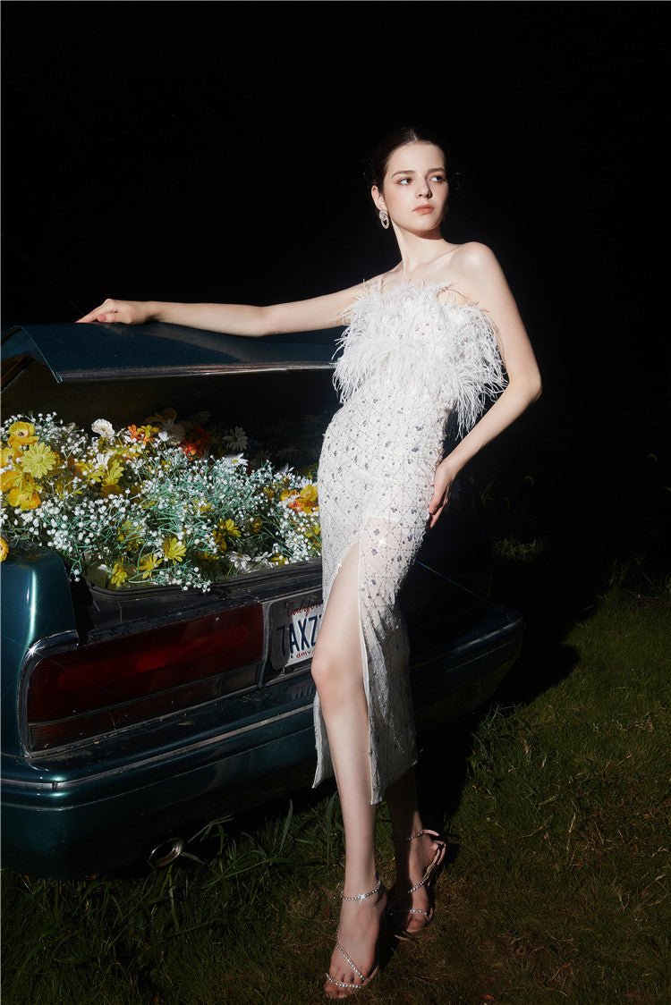 Masa White Haute Couture Feather Sequin Dress