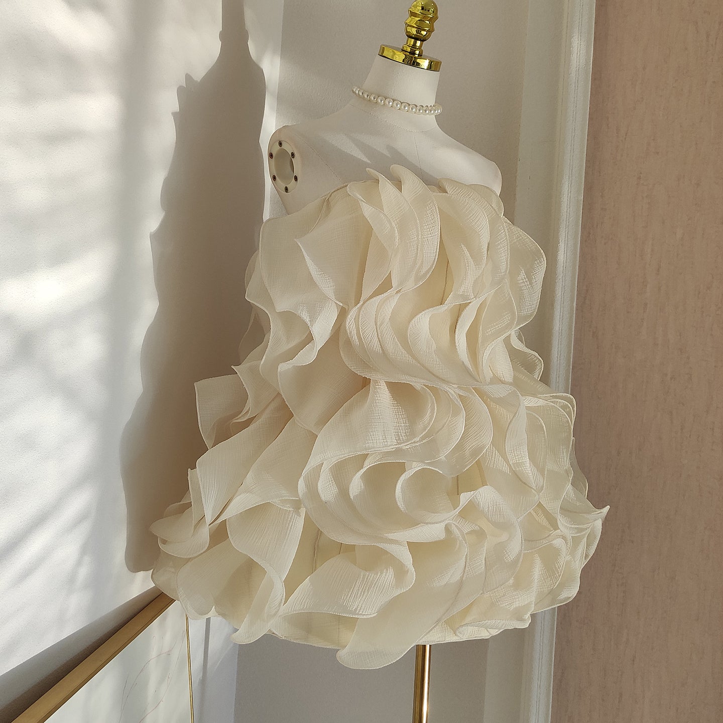 verna Multi-layered 3d pleated mini dress in beige