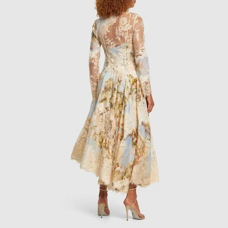 kristin Long Sleeves Floral Printed Asymmetric Lace Maxi Dress