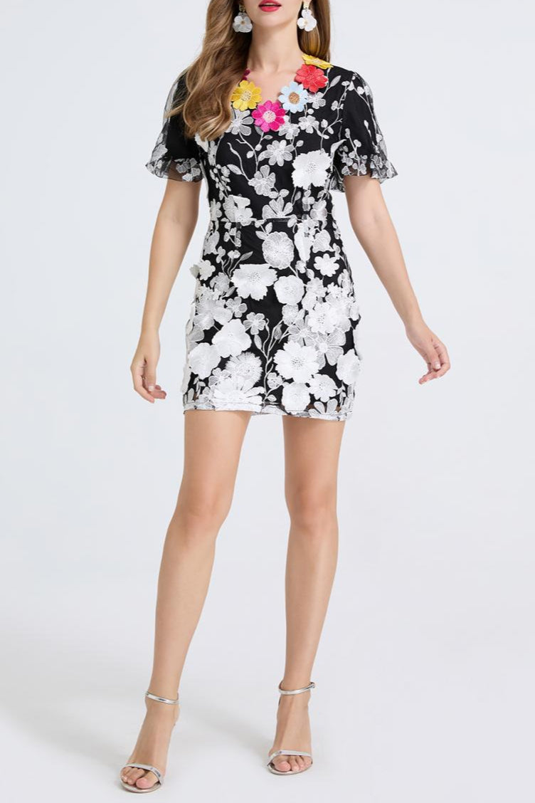letitia 3d floral embroidery mini dress in black