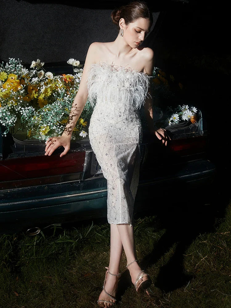Masa White Haute Couture Feather Sequin Dress