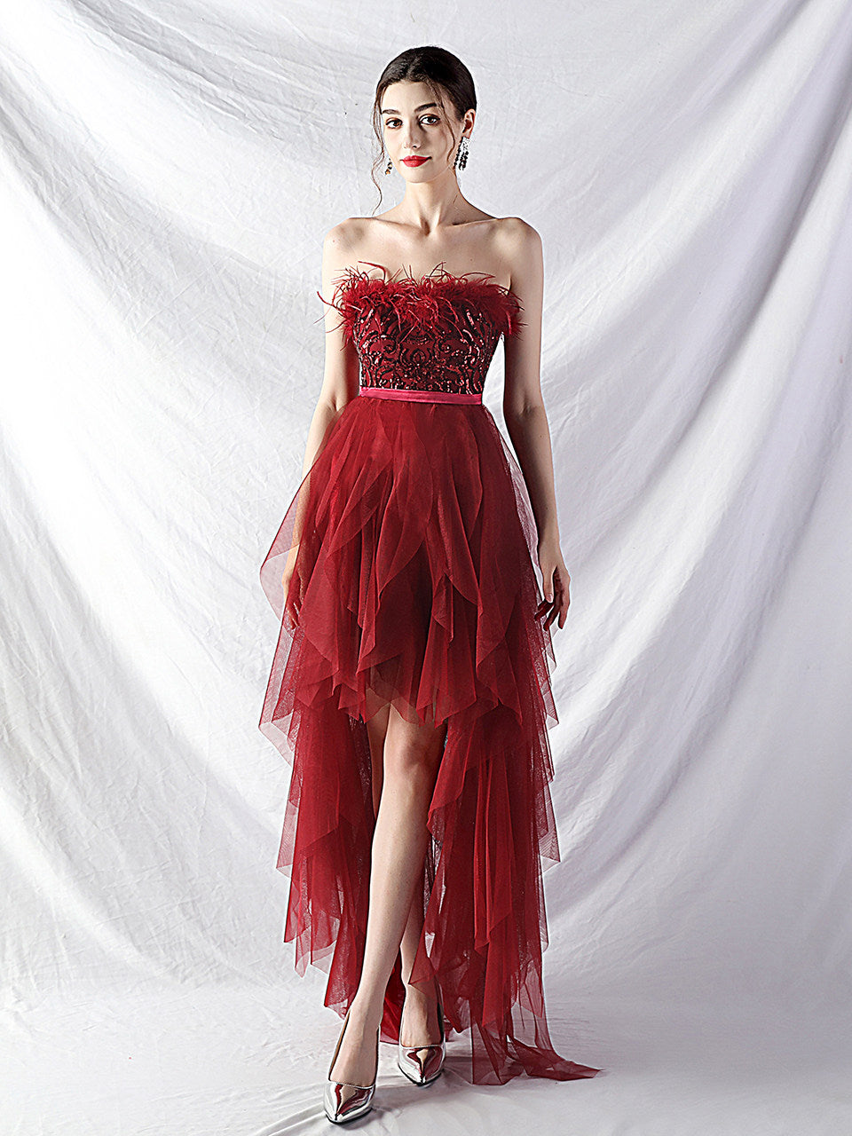 Strapless feather tulle midi dress