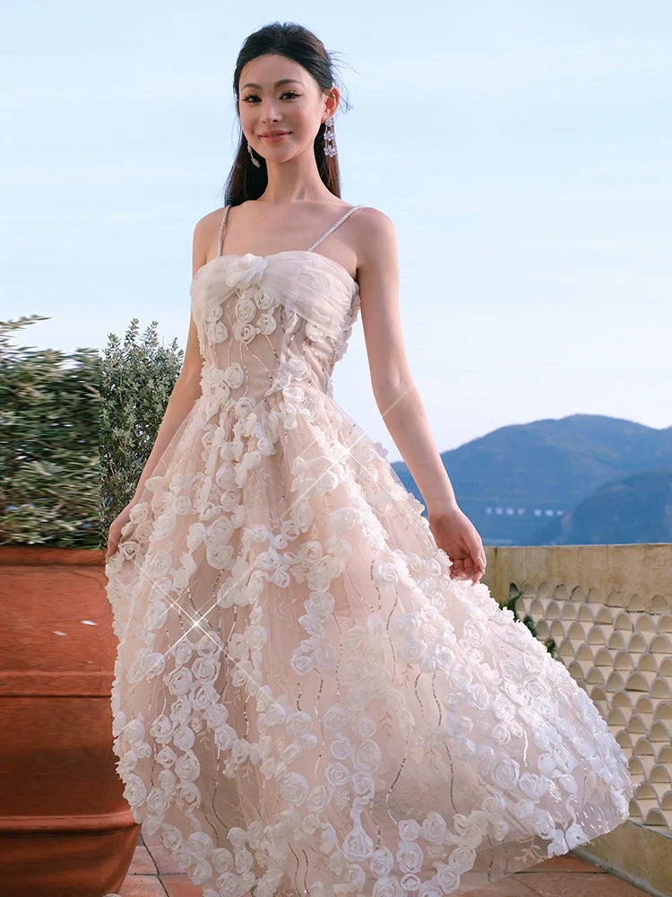 Leah White/Beige Sleeveless  Flower Dress