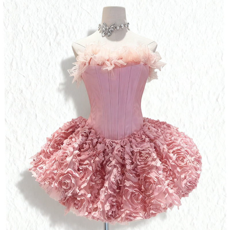 alberta 3d Flower Strapless Mini Dress in pink