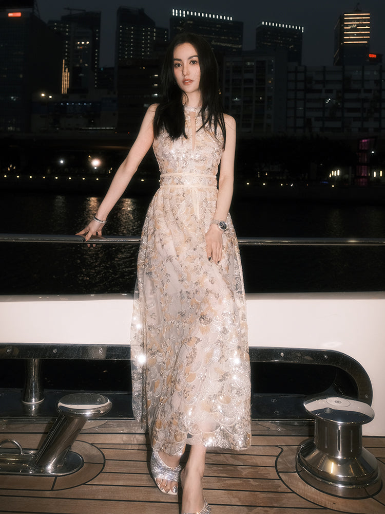 Gold Couture with Floral Embroidery Sequin Banquet Dress