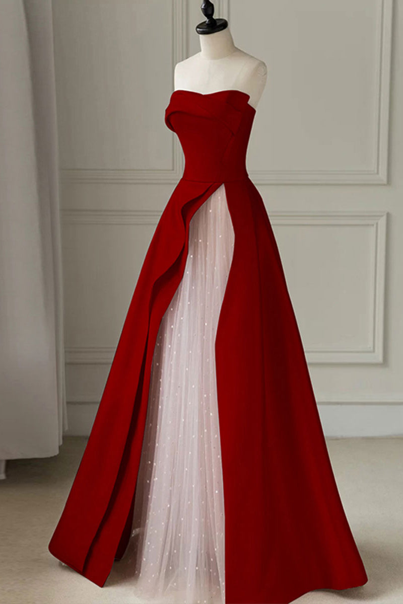 Aline Burgundy Satin sleeveless Long Prom Dress