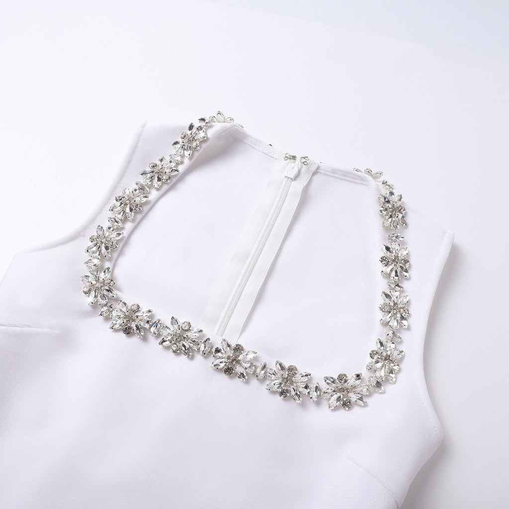 anila square neck crystal embellished mini dress in white