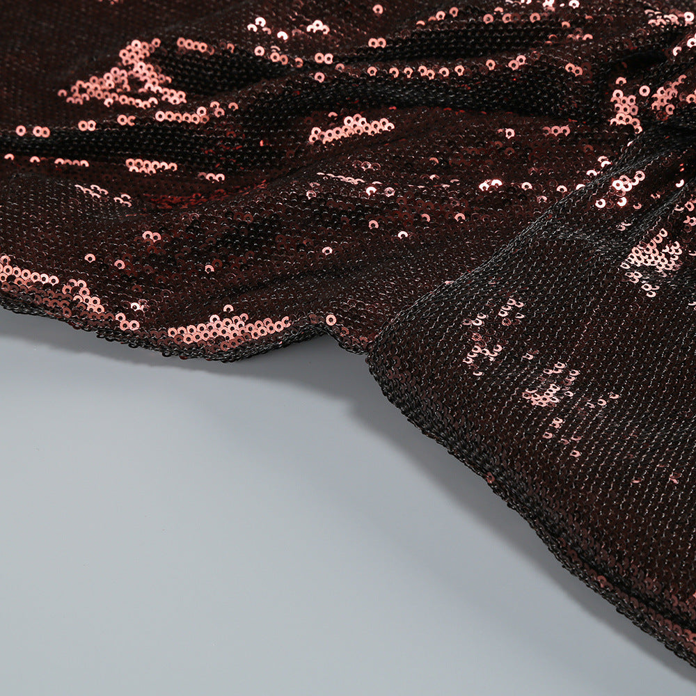 nora brown Sequin halterneck deep V high waist flared jumpsuit