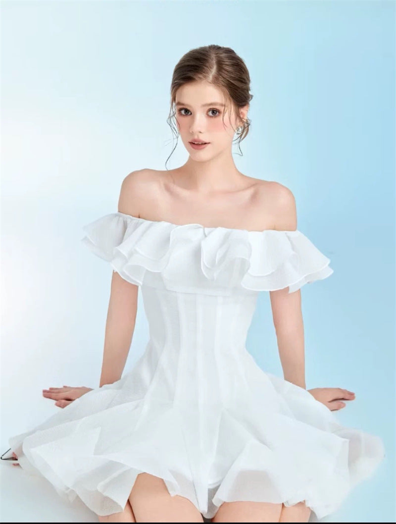 stephanie off-shoulder ruffle trim mini dress in white