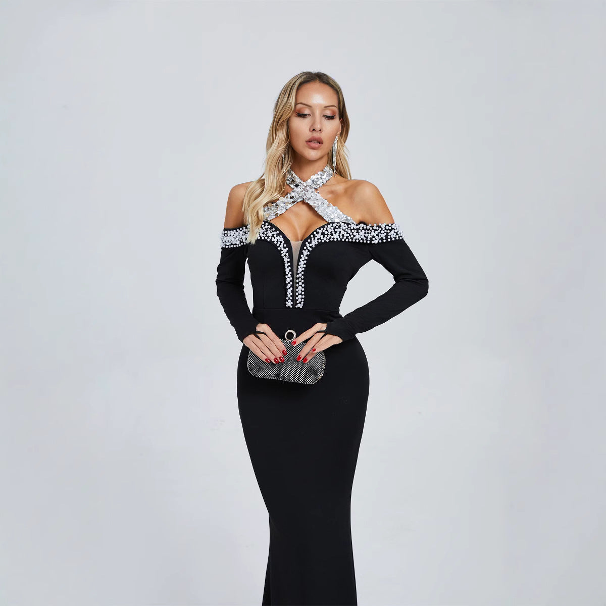 Halter Pearl Crystal-Trim Gown in black