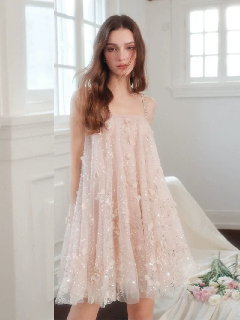 Zola Pink Flower Embroidered Loose doll Party Dress