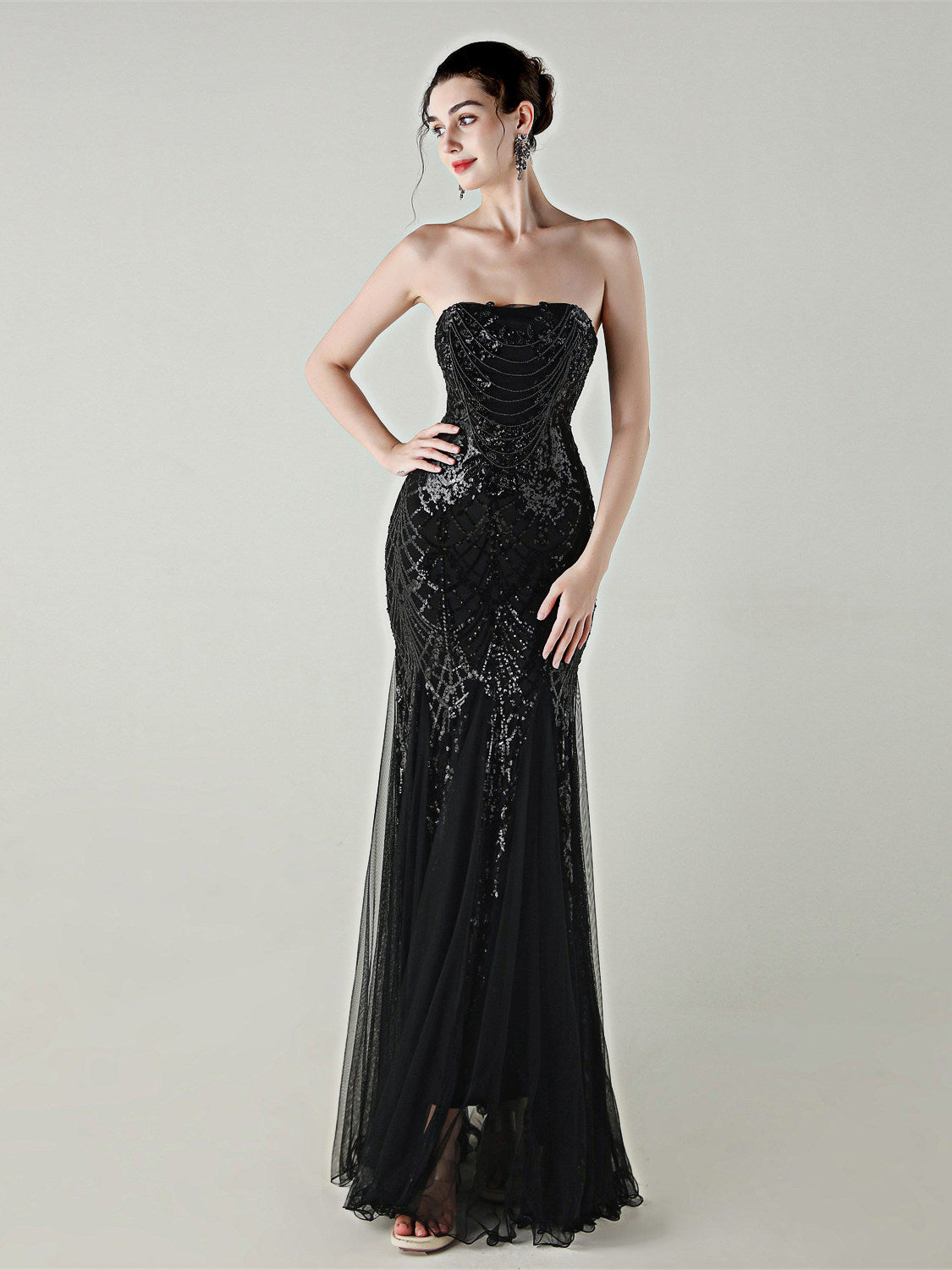 sequin strapless tulle maxi dress