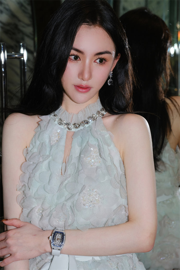 Pastel Green Ribbon Floral wedding guest bridal Dress