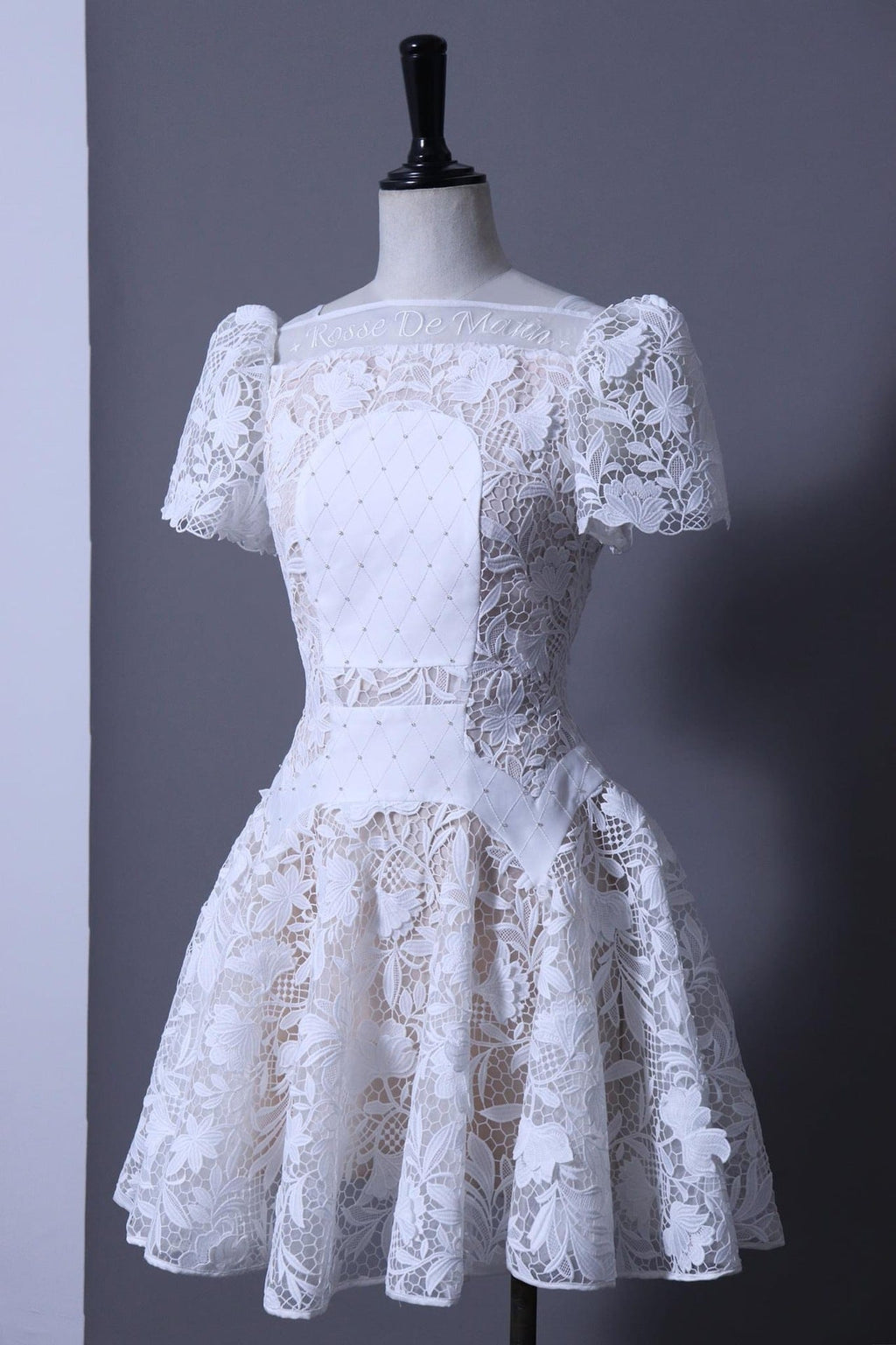 rose sleeve lace hollow mini dress in white