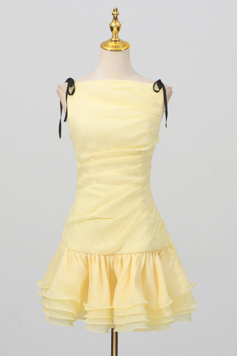 ruched ruffle hem sleeveless mini dress in yellow