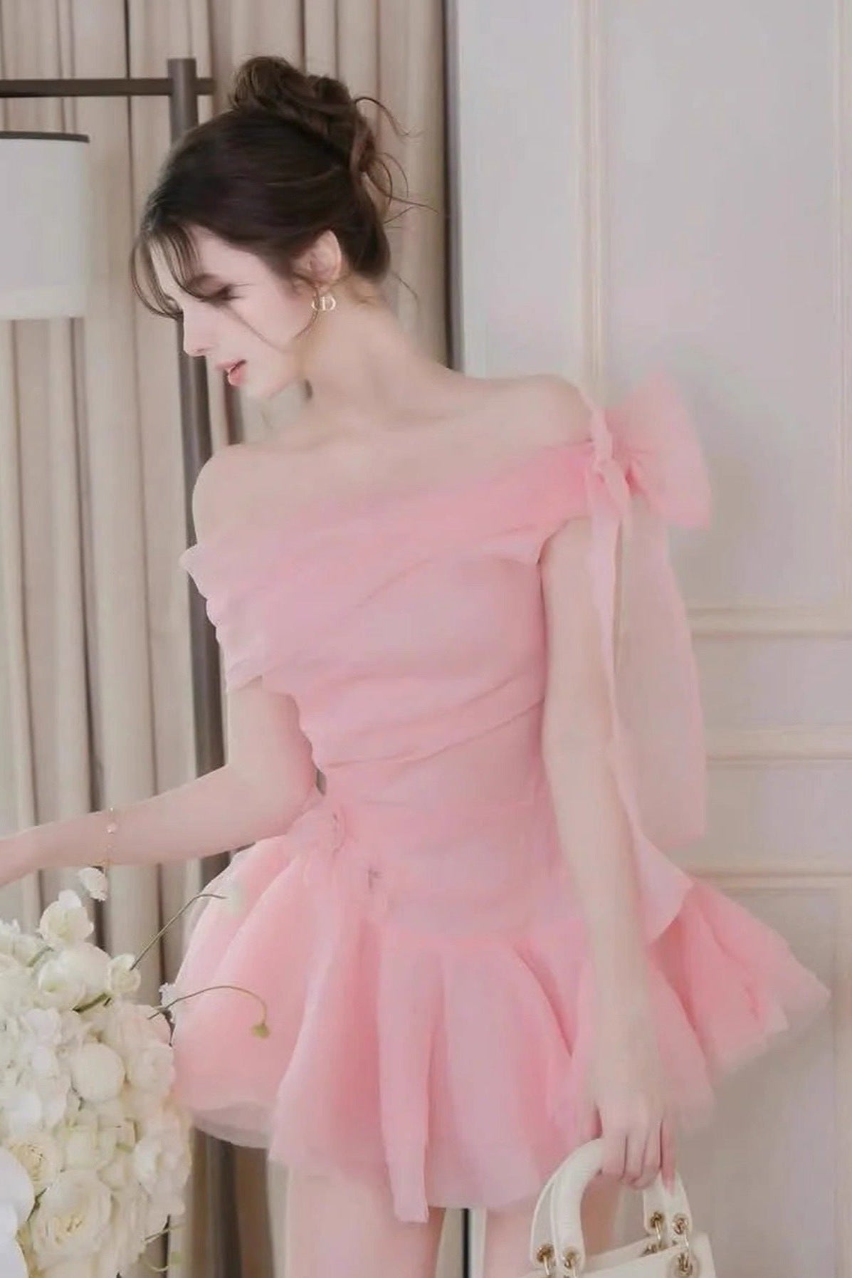 ellen off-shoulder Mesh Tulle Tutu mini dress in pink